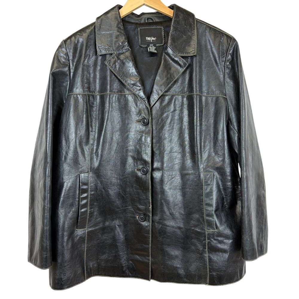 Vintage Mossimo Black Leather Button Up Contrast Stitching Jacket Size 20W